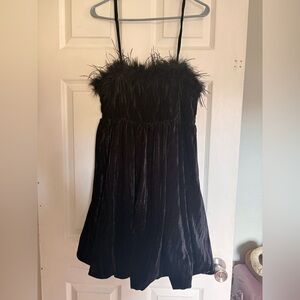 entro Black Velvet Mini Dress with Feather Trim